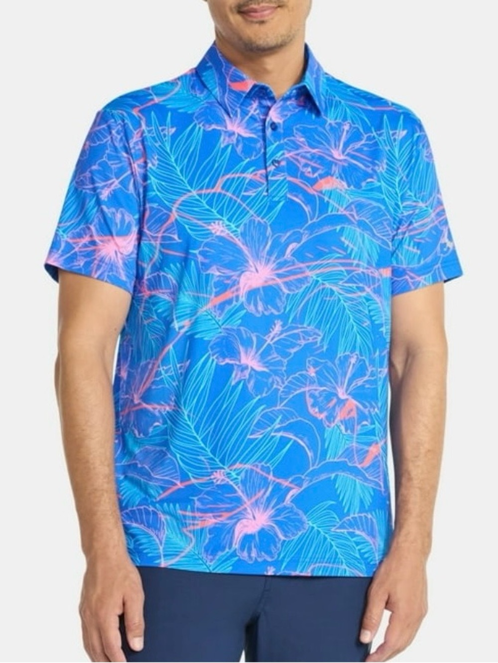 Birdie Bound Men's Blue Tropical Print Short Sleeve Golf Polo Shirt Size M
